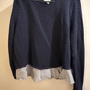 Navy Quilted Sweater with Striped Hem